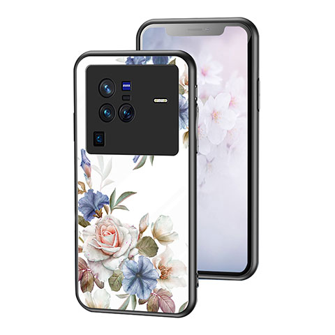 Coque Contour Silicone et Vitre Fleurs Miroir Etui Housse pour Vivo X80 Pro 5G Blanc