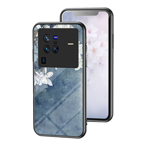 Coque Contour Silicone et Vitre Fleurs Miroir Etui Housse pour Vivo X80 Pro 5G Bleu