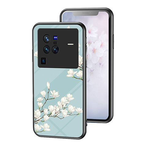 Coque Contour Silicone et Vitre Fleurs Miroir Etui Housse pour Vivo X80 Pro 5G Cyan