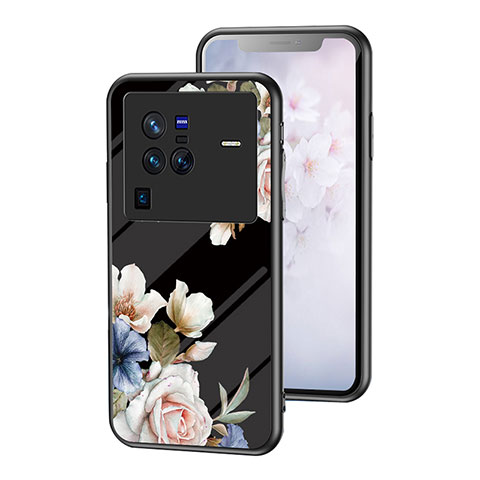 Coque Contour Silicone et Vitre Fleurs Miroir Etui Housse pour Vivo X80 Pro 5G Noir