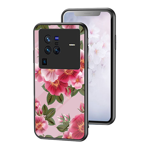 Coque Contour Silicone et Vitre Fleurs Miroir Etui Housse pour Vivo X80 Pro 5G Rouge