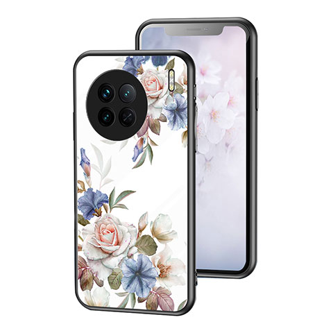 Coque Contour Silicone et Vitre Fleurs Miroir Etui Housse pour Vivo X90 5G Blanc