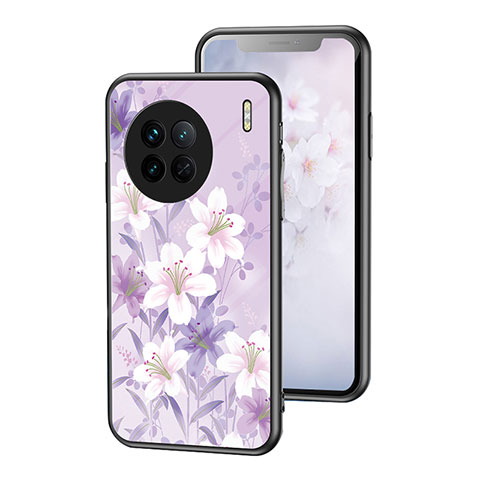 Coque Contour Silicone et Vitre Fleurs Miroir Etui Housse pour Vivo X90 5G Violet Clair