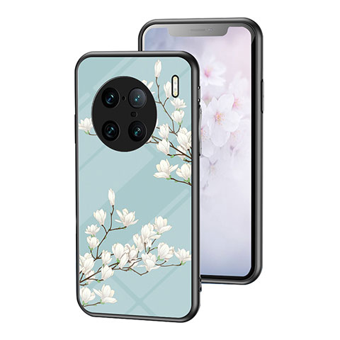 Coque Contour Silicone et Vitre Fleurs Miroir Etui Housse pour Vivo X90 Pro+ Plus 5G Cyan