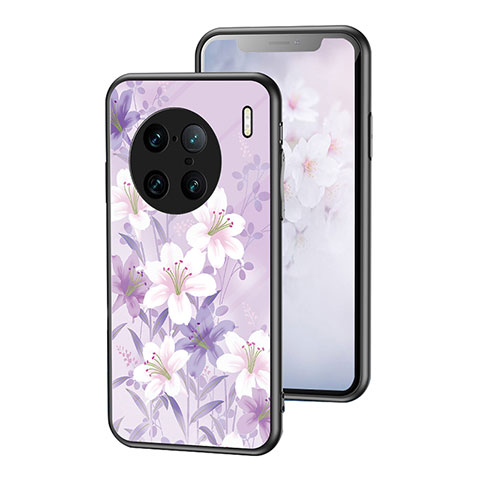 Coque Contour Silicone et Vitre Fleurs Miroir Etui Housse pour Vivo X90 Pro+ Plus 5G Violet Clair