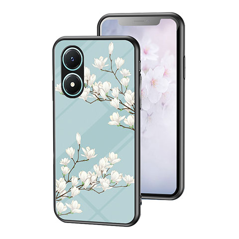 Coque Contour Silicone et Vitre Fleurs Miroir Etui Housse pour Vivo Y02S Cyan