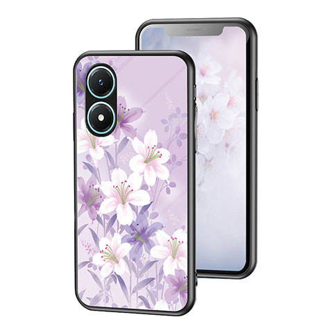 Coque Contour Silicone et Vitre Fleurs Miroir Etui Housse pour Vivo Y02S Violet Clair