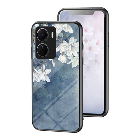 Coque Contour Silicone et Vitre Fleurs Miroir Etui Housse pour Vivo Y16 Bleu