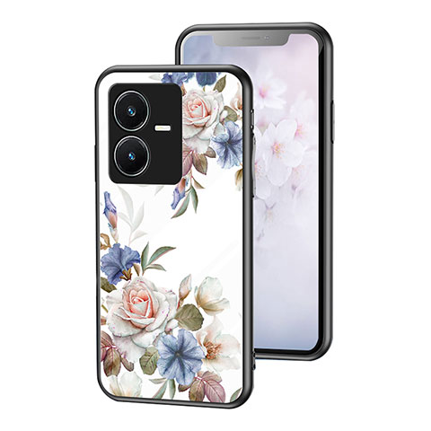 Coque Contour Silicone et Vitre Fleurs Miroir Etui Housse pour Vivo Y22s Blanc