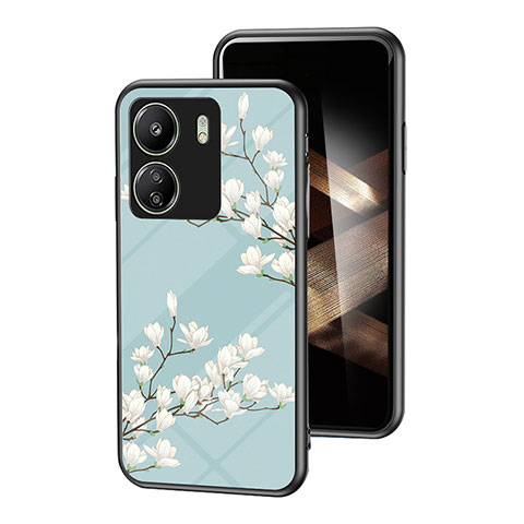 Coque Contour Silicone et Vitre Fleurs Miroir Etui Housse pour Xiaomi Poco C65 Cyan