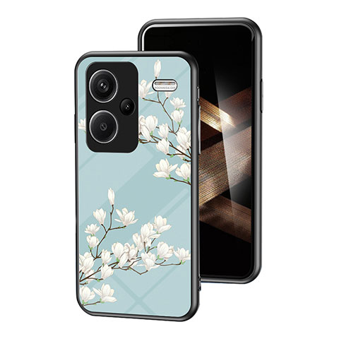 Coque Contour Silicone et Vitre Fleurs Miroir Etui Housse pour Xiaomi Redmi Note 13 Pro+ Plus 5G Cyan