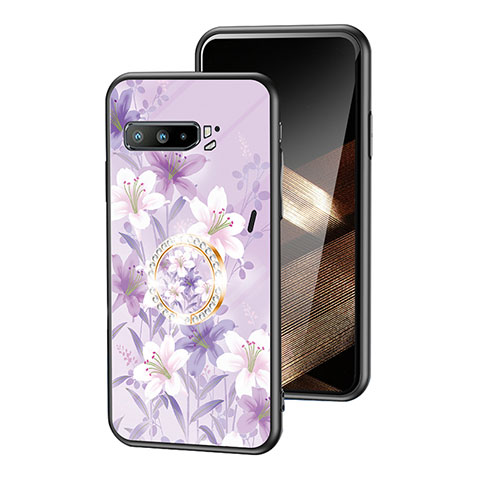 Coque Contour Silicone et Vitre Fleurs Miroir Etui Housse S01 pour Asus ROG Phone 3 Violet Clair