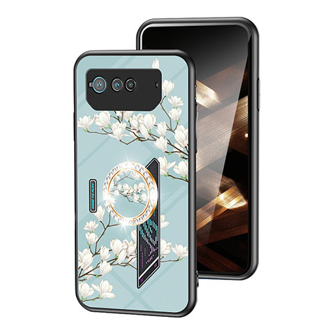 Coque Contour Silicone et Vitre Fleurs Miroir Etui Housse S01 pour Asus ROG Phone 6 Cyan