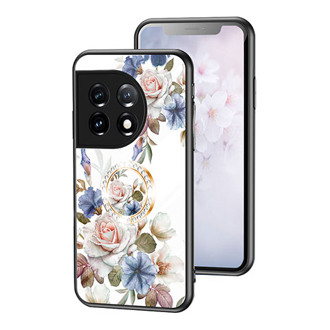 Coque Contour Silicone et Vitre Fleurs Miroir Etui Housse S01 pour OnePlus 11 5G Blanc