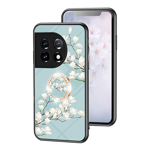 Coque Contour Silicone et Vitre Fleurs Miroir Etui Housse S01 pour OnePlus 11 5G Cyan