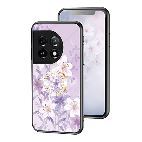 Coque Contour Silicone et Vitre Fleurs Miroir Etui Housse S01 pour OnePlus 11 5G Violet Clair