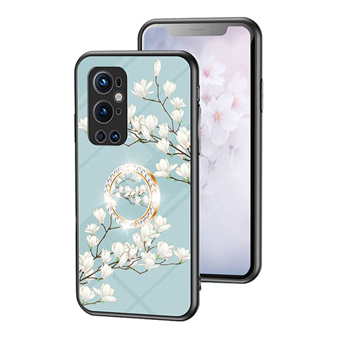 Coque Contour Silicone et Vitre Fleurs Miroir Etui Housse S01 pour OnePlus 9 Pro 5G Cyan