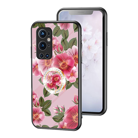 Coque Contour Silicone et Vitre Fleurs Miroir Etui Housse S01 pour OnePlus 9 Pro 5G Rouge