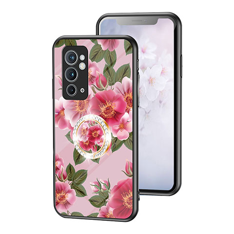 Coque Contour Silicone et Vitre Fleurs Miroir Etui Housse S01 pour OnePlus 9RT 5G Rouge