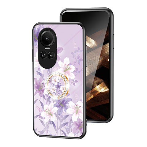 Coque Contour Silicone et Vitre Fleurs Miroir Etui Housse S01 pour Oppo Reno10 5G Violet Clair