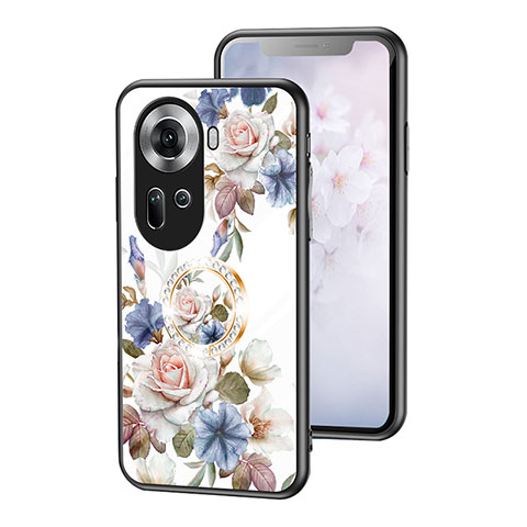 Coque Contour Silicone et Vitre Fleurs Miroir Etui Housse S01 pour Oppo Reno11 5G Blanc