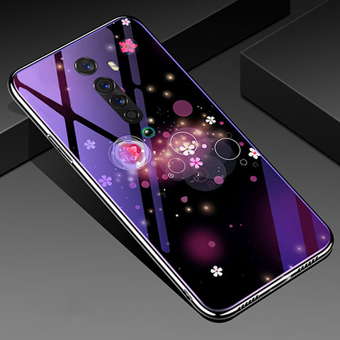 Coque Contour Silicone et Vitre Fleurs Miroir Etui Housse S01 pour Oppo Reno2 Violet