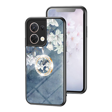 Coque Contour Silicone et Vitre Fleurs Miroir Etui Housse S01 pour Oppo Reno8 5G Bleu