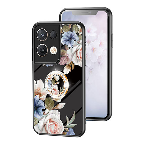 Coque Contour Silicone et Vitre Fleurs Miroir Etui Housse S01 pour Oppo Reno8 Pro 5G Noir