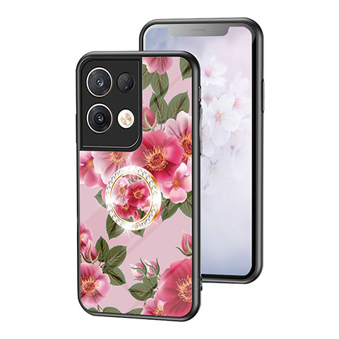 Coque Contour Silicone et Vitre Fleurs Miroir Etui Housse S01 pour Oppo Reno8 Pro 5G Rouge