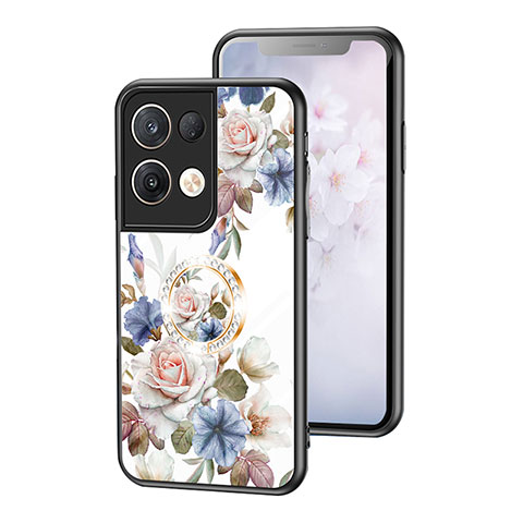 Coque Contour Silicone et Vitre Fleurs Miroir Etui Housse S01 pour Oppo Reno8 Pro+ Plus 5G Blanc