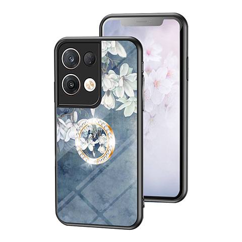 Coque Contour Silicone et Vitre Fleurs Miroir Etui Housse S01 pour Oppo Reno8 Pro+ Plus 5G Bleu