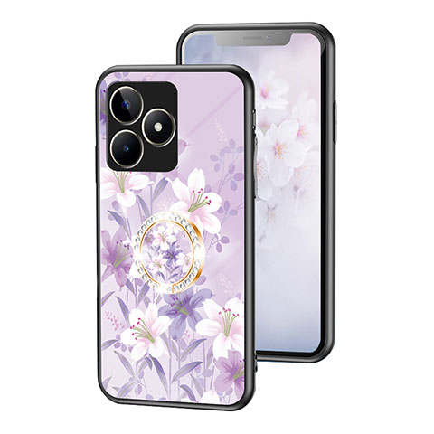 Coque Contour Silicone et Vitre Fleurs Miroir Etui Housse S01 pour Realme C51 Violet Clair