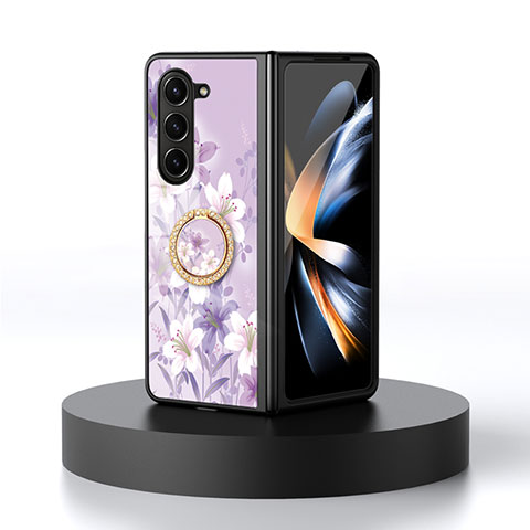 Coque Contour Silicone et Vitre Fleurs Miroir Etui Housse S01 pour Samsung Galaxy Z Fold5 5G Violet Clair