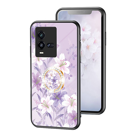 Coque Contour Silicone et Vitre Fleurs Miroir Etui Housse S01 pour Vivo iQOO 10 5G Violet Clair