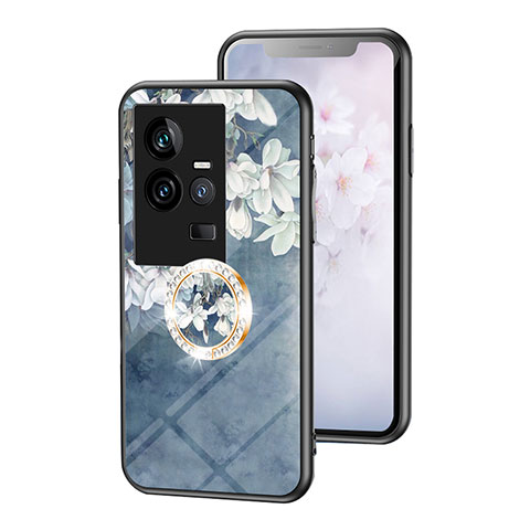 Coque Contour Silicone et Vitre Fleurs Miroir Etui Housse S01 pour Vivo iQOO 11 5G Bleu