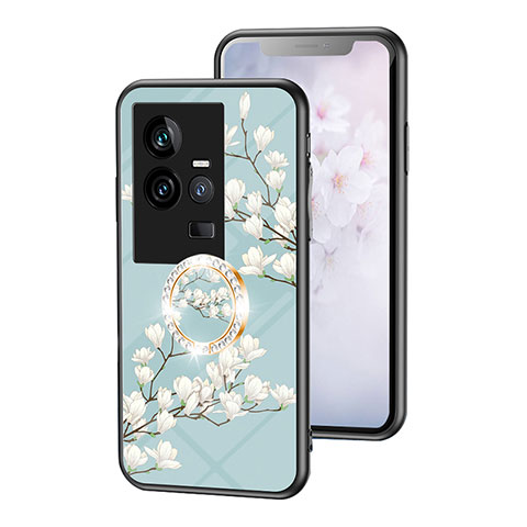 Coque Contour Silicone et Vitre Fleurs Miroir Etui Housse S01 pour Vivo iQOO 11 5G Cyan