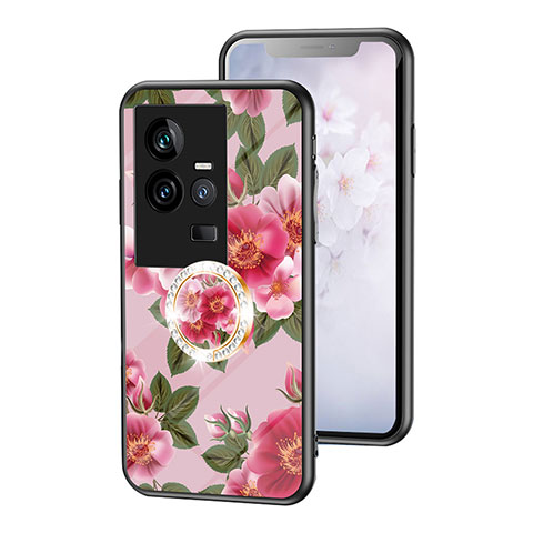 Coque Contour Silicone et Vitre Fleurs Miroir Etui Housse S01 pour Vivo iQOO 11 5G Rouge