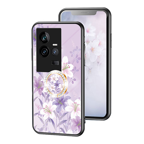 Coque Contour Silicone et Vitre Fleurs Miroir Etui Housse S01 pour Vivo iQOO 11 5G Violet Clair