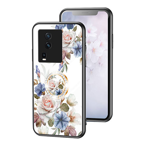 Coque Contour Silicone et Vitre Fleurs Miroir Etui Housse S01 pour Vivo iQOO Neo7 SE Blanc