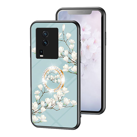 Coque Contour Silicone et Vitre Fleurs Miroir Etui Housse S01 pour Vivo iQOO Neo7 SE Cyan