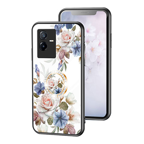 Coque Contour Silicone et Vitre Fleurs Miroir Etui Housse S01 pour Vivo iQOO Z6x Blanc