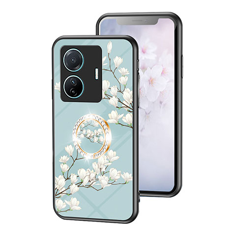 Coque Contour Silicone et Vitre Fleurs Miroir Etui Housse S01 pour Vivo T1 5G Cyan