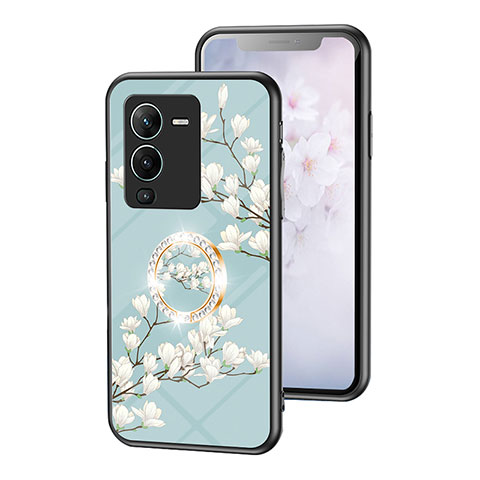 Coque Contour Silicone et Vitre Fleurs Miroir Etui Housse S01 pour Vivo V25 Pro 5G Cyan