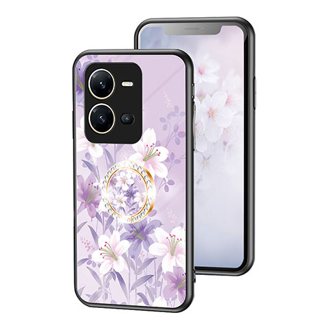 Coque Contour Silicone et Vitre Fleurs Miroir Etui Housse S01 pour Vivo V25e Violet Clair