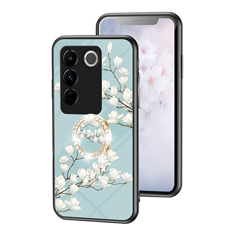 Coque Contour Silicone et Vitre Fleurs Miroir Etui Housse S01 pour Vivo V27 5G Cyan