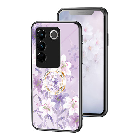 Coque Contour Silicone et Vitre Fleurs Miroir Etui Housse S01 pour Vivo V27 Pro 5G Violet Clair