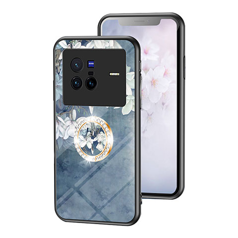 Coque Contour Silicone et Vitre Fleurs Miroir Etui Housse S01 pour Vivo X80 5G Bleu