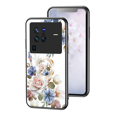 Coque Contour Silicone et Vitre Fleurs Miroir Etui Housse S01 pour Vivo X80 Pro 5G Blanc