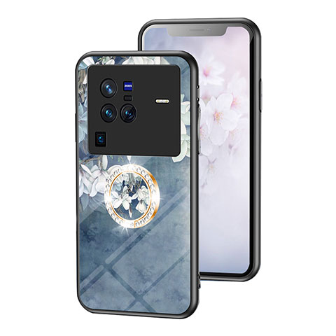 Coque Contour Silicone et Vitre Fleurs Miroir Etui Housse S01 pour Vivo X80 Pro 5G Bleu