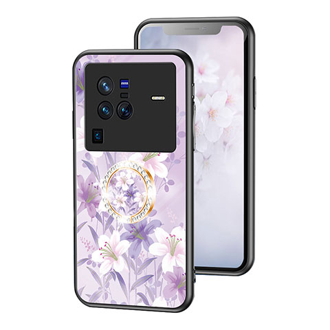 Coque Contour Silicone et Vitre Fleurs Miroir Etui Housse S01 pour Vivo X80 Pro 5G Violet Clair